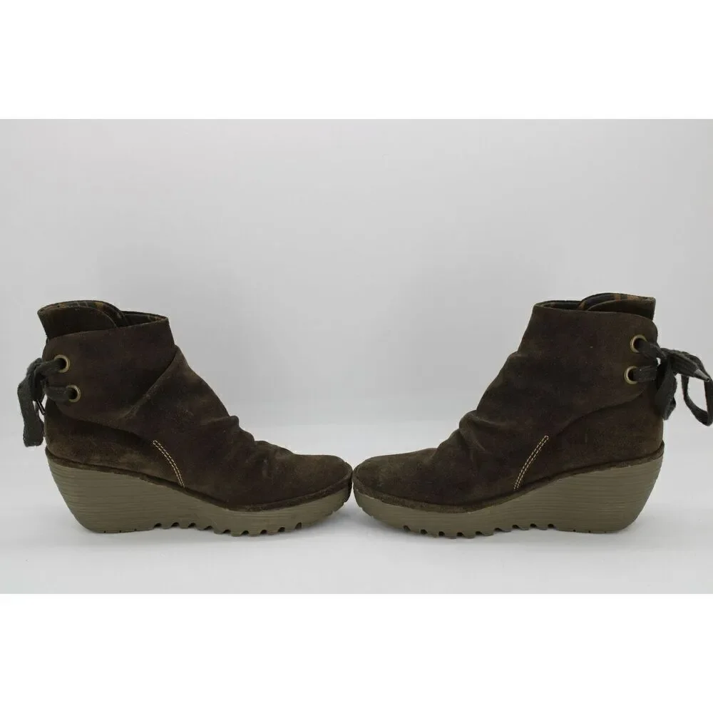 Fly London Boots Ankle Booties Brown Suede Wedge Ankle Lace/Tie Size 38 - Picture 7 of 11